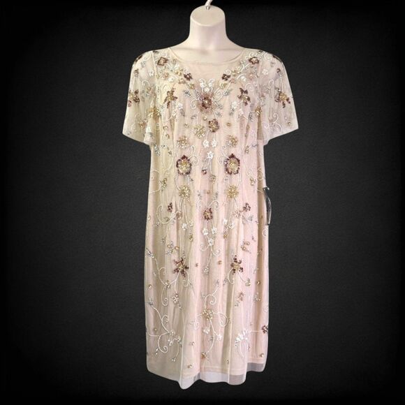 ADRIANNA PAPELL Alabaster Beaded Flutter Sleeve Dress, NWT! Size 18W - Picture 2 of 6